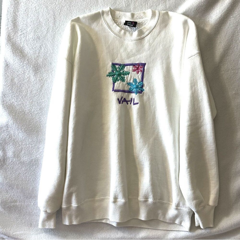 Vail Sweatshirt Women XL Vintage 90s‎ White Crewneck 1991 Snowflake Embroidered